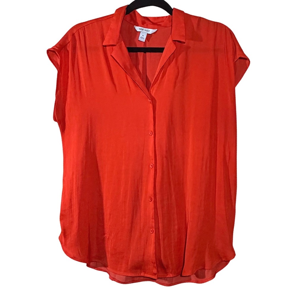 Nine West Orange Button Down Blouse Cap Sleeve Satin Feel Top 147966 Medium